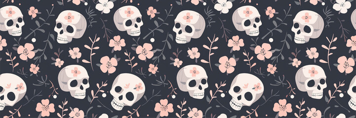 Halloween Seamless Pattern with Cute Skulls and Floral Elements on Pastel Background