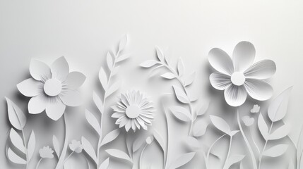 White Paper Cut Spring Flowers Blooming: Delicate paper-cut flowers and leaves in full bloom against a light grey background, creating a minimalist, abstract spring theme.