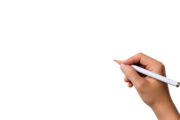 Hand holding pencil ready to write on blank paper, isolated on white background.