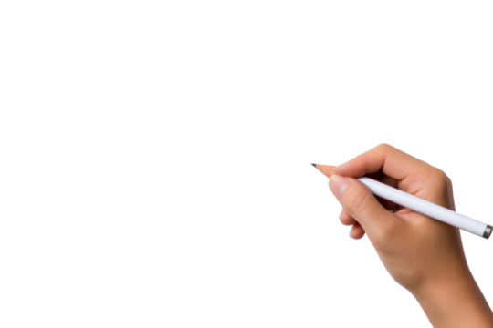 Hand holding pencil ready to write on blank paper, isolated on white background.