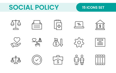 Set of Social Policy and Insuranceline icons. Outline icon collection related to education, insurance, law, goverment and more.