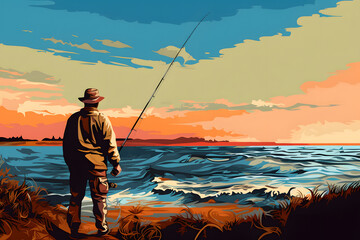 pop art style illustrated fisherman catching fish on the shoreline, fisherman