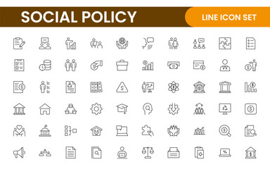 Set of Social Policy and Insuranceline icons. Outline icon collection related to education, insurance, law, goverment and more.
