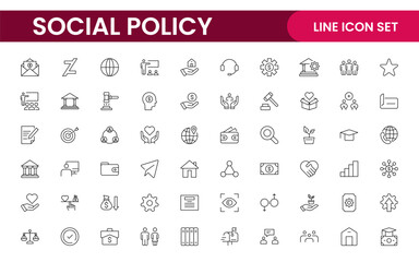 Set of Social Policy and Insuranceline icons. Outline icon collection related to education, insurance, law, goverment and more.
