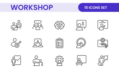 Set of Workshop and Coaching line icons. Outline icon collection related to training, coaching, mentoring, education, meetings, conferences, and teamwork.