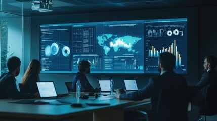 Business team analyzing data on a large screen in a modern conference room.
