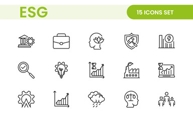 ESG flat line icon set. Outline icon collection related to ecology, environment social governance, risk management, sustainable developmen and more.