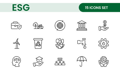 ESG flat line icon set. Outline icon collection related to ecology, environment social governance, risk management, sustainable developmen and more.