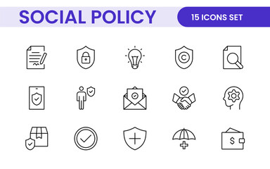 Set of Social Policy and Insuranceline icons. Outline icon collection related to education, insurance, law, goverment and more.