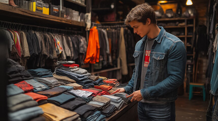 A man is looking at a rack of clothes in a store. He is wearing a blue jacket and is holding a cell phone. The store is filled with various types of clothing, including jeans and shirts