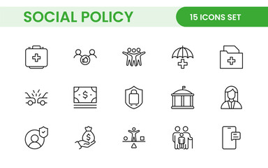 Set of Social Policy and Insuranceline icons. Outline icon collection related to education, insurance, law, goverment and more.