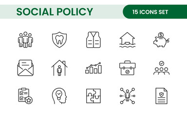 Set of Social Policy and Insuranceline icons. Outline icon collection related to education, insurance, law, goverment and more.