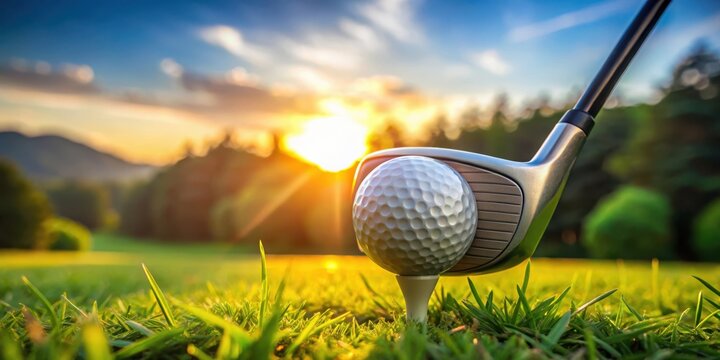 A close-up shot of a golf ball on a tee with a driver club in the background