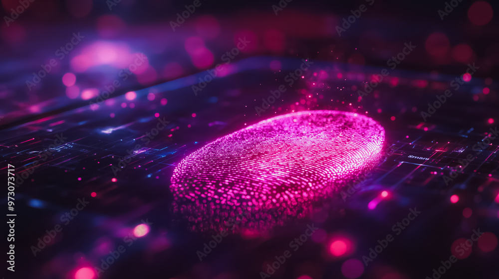 Poster a pink fingerprint is displayed on a computer screen. the image has a futuristic and technological f