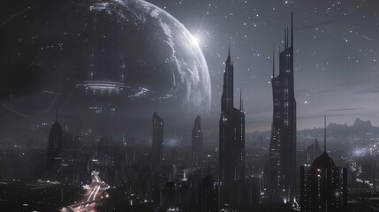 Fototapeta premium Futuristic Cityscape Underneath a Glowing Planet