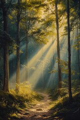 Obraz premium A serene forest with sunlight filtering through tall trees onto a peaceful path, ideal for themes of nature, relaxation, and tranquility