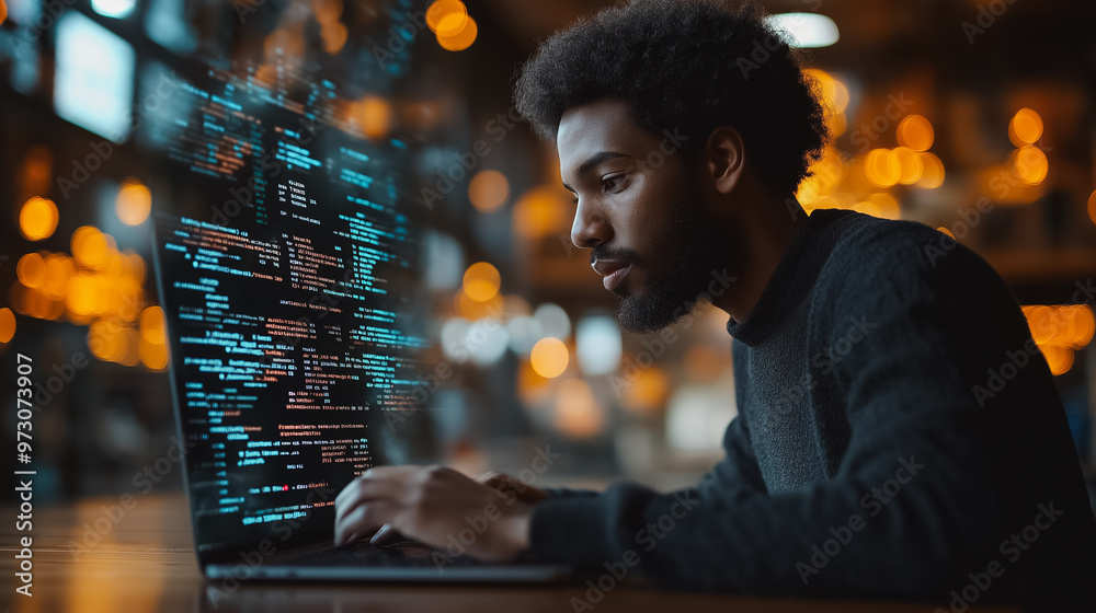 Poster a man is typing on a laptop with a screen displaying code. concept of focus and concentration as the