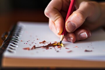 A hand grips a red pencil, delicately sharpening it on a blank sheet of paper, surrounded by shavings, signaling the start of a creative endeavor.
