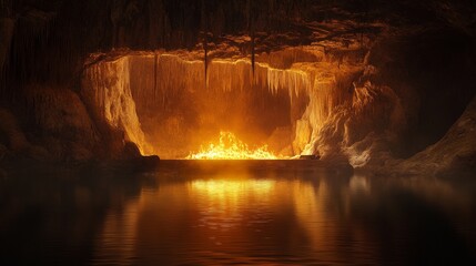 A mystical scene of a fire-lit cavern with a subterranean lake.