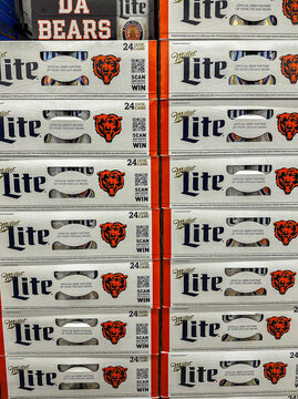 Cases of Miller Lite beer with the Chicago Bears football logo on them. 
Valparaiso, IN, USA September 13, 2024