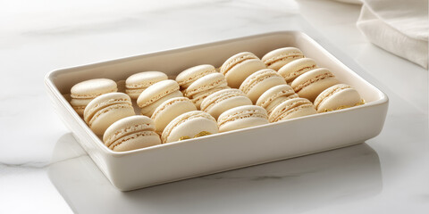 Beige French crispy macaroons with vanilla filling in a ceramic box tray on a light background