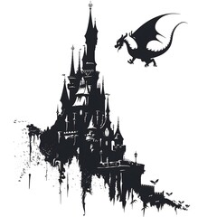 Obraz premium Dramatic Silhouette of a Dragon Flying Over a Majestic Fantasy Castle