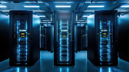 Network server room hosting big data with futuristic glowing lights