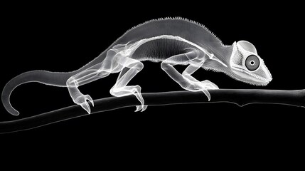 X-ray of a Chameleon Gripping a Branch: X-ray image of a chameleon gripping a branch, showing the skeletal adaptation of its limbs. 

