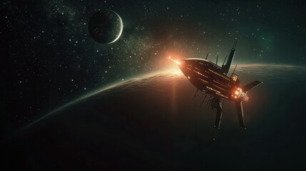 Naklejka premium Spacecraft Approaching Planet