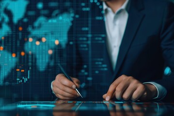 Business professional using a pen to interact with a digital interface displaying global financial data and world maps, analyzing market trends.
