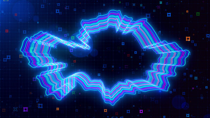A vibrant digital artwork of Kazakhstan map outlined with neon lines, set against a futuristic grid background with colorful abstract HUD squares.