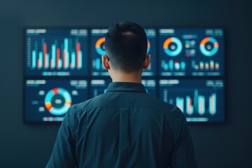 Business analyst wearing glasses, analyzing financial charts and data displayed on multiple digital screens, focusing on market trends and statistics.