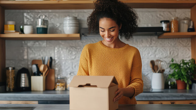 black woman in yellow sweater smiling  when open the box  , she get excited to  order package by mail 