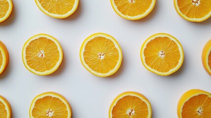 Fototapeta premium Sliced oranges arranged in a circular pattern on a white background, showcasing their bright, juicy flesh