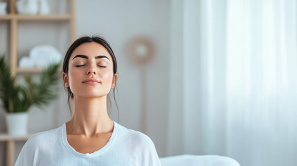 portrait of a woman doing meditation in the quiet room 