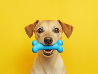 Fototapeta premium Happy pet dog holding in mouth blue toy bone against solid colour yellow background. isolated on a solid yellow background. Illustrations 