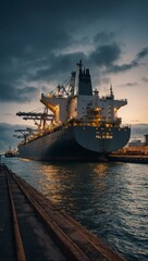 Large industrial ship docked at a port.