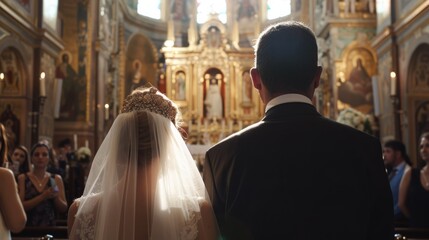 Obraz premium A bride and groom stand in front of a church altar