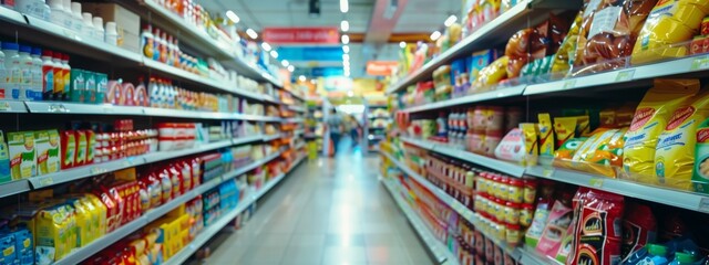 Naklejka premium Supermarket aisle with a variety of household and food products