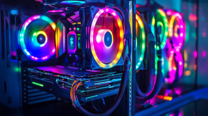 Fototapeta premium A powerful gaming computer with colorful lights and large cooling fans.