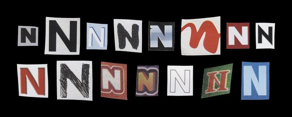 Set of cut-out letter “N” from magazines on a black background, retro y2k style symbols for collage