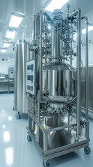 Stainless steel bioreactor vessel in sterile pharmaceutical laboratory environment, showcasing advanced biotechnology equipment for industrial-scale fermentation processes.