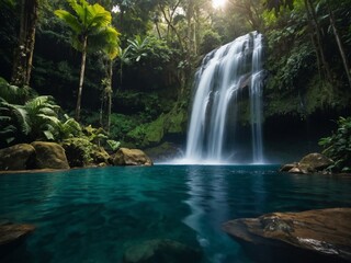 Majestic waterfall into a tranquil pool in a tropical forest