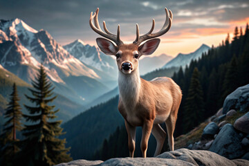 Fototapeta premium A Deer Stands on a Rock Cliff Overlooking Mountains