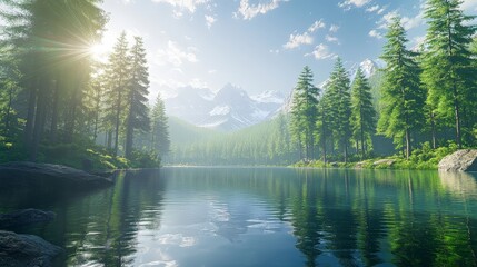 A picturesque summer scene with a clear mountain lake surrounded by evergreen trees