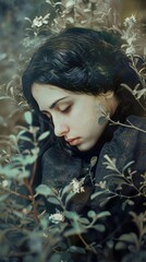 A young woman with long dark hair is sleeping in a forest, surrounded by leaves and flowers.