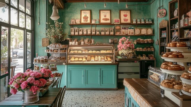 A quaint vintage bakery with a display of freshly baked goods and charming decor