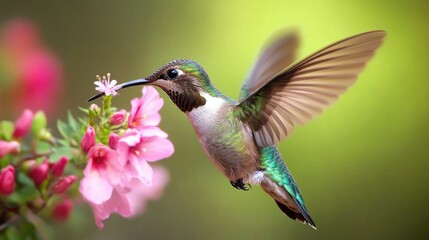 Fototapeta premium Hummingbird in flight, feeding from a flower 