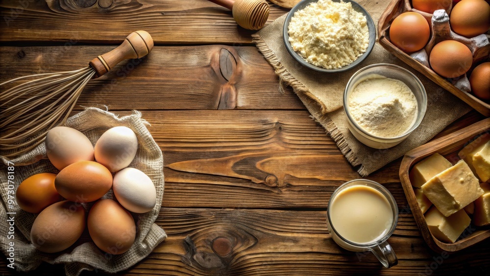 Poster ingredients for baking including milk, butter, eggs, and flour arranged in a rustic horizontal patte