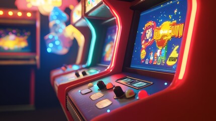 A retro arcade game machine with colorful graphics and joystick controls, capturing the essence of classic gaming